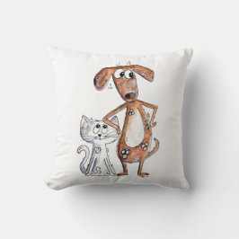 Cute Whimsical Brown Dog en Grey Cat Kussen