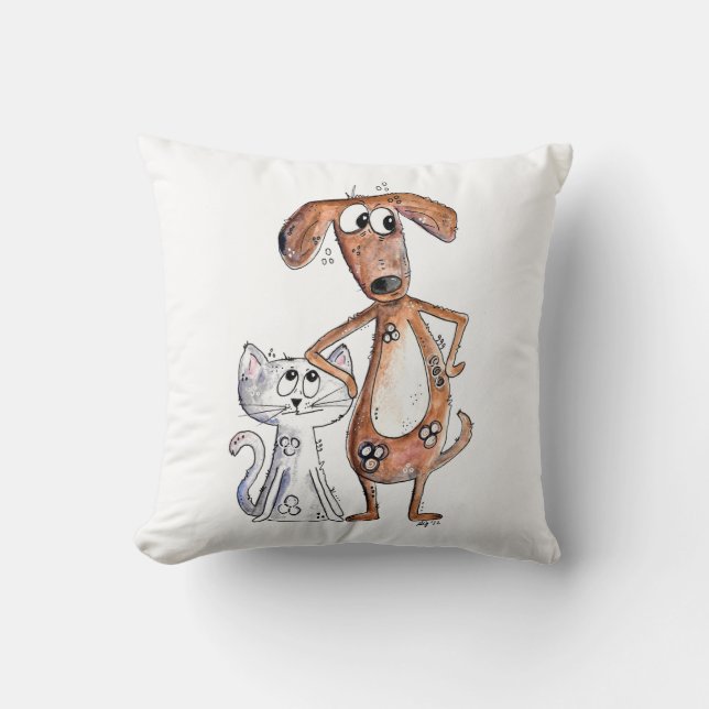 Cute Whimsical Brown Dog en Grey Cat Kussen (Voorkant)