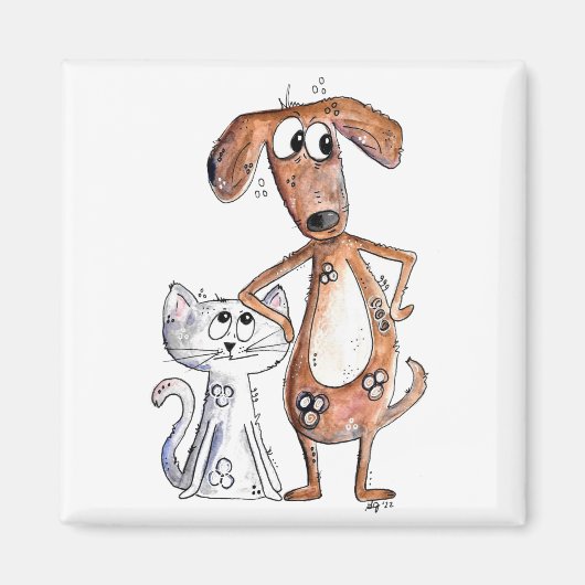 Cute Whimsical Brown Dog en Grey Cat Magneet (Voorkant)