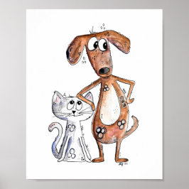 Cute Whimsical Brown Dog en Grey Cat Poster