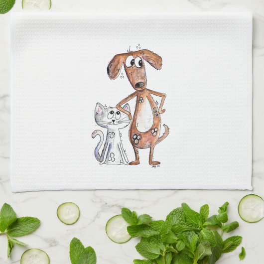 Cute Whimsical Brown Dog en Grey Cat Theedoek (Gevouwen)
