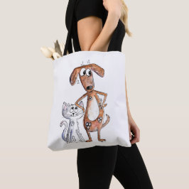 Cute Whimsical Brown Dog en Grey Cat Tote Bag