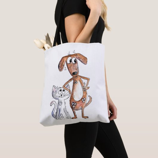 Cute Whimsical Brown Dog en Grey Cat Tote Bag (Dichtbij)