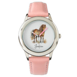 Cute Whimsical Brown Horse Script Name Horloge