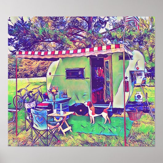 Cute Whimsical  Camper Trailer and Beagle Poster (Voorkant)