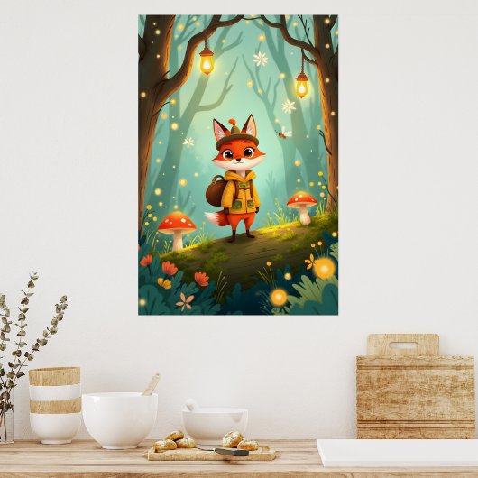 Cute Whimsical Cartoon Fox Poster (Keuken)