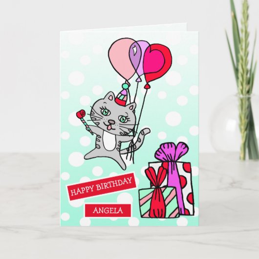 Cute Whimsical Cat and Balloons Birthday Kaart (Voorkant)