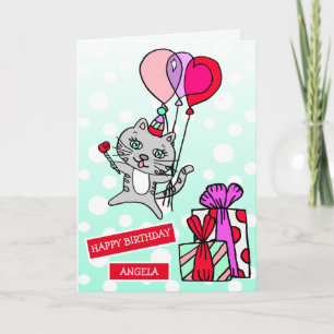 Cute Whimsical Cat and Balloons Birthday Kaart