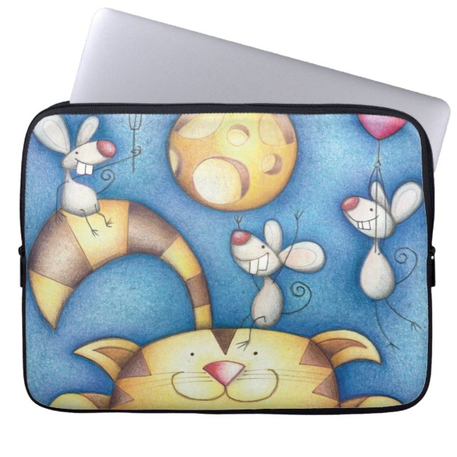Cute Whimsical Cat and Mouse Moon Art Laptop Sleeve (Voorkant)