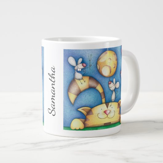 Cute Whimsical Cat and Mouse Moon Art Personalised Grote Koffiekop (Voorkant rechts)