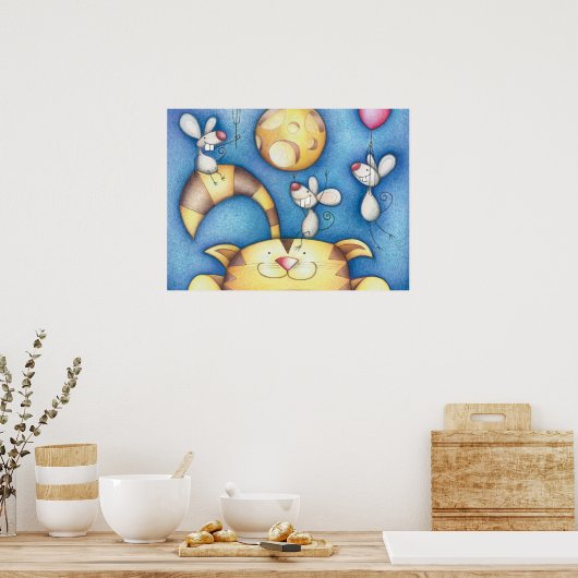 Cute Whimsical Cat and Mouse Moon Art Poster (Keuken)