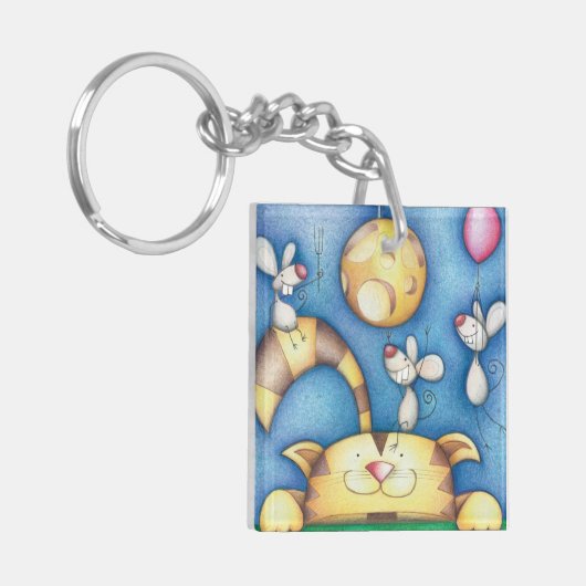 Cute Whimsical Cat and Mouse Moon Art Sleutelhanger (Voorkant Links)