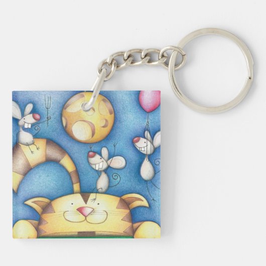 Cute Whimsical Cat and Mouse Moon Art Sleutelhanger (Achterkant)
