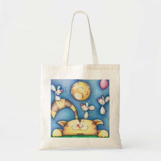 Cute Whimsical Cat and Mouse Moon Art Tote Bag (Voorkant)