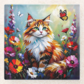 Cute Whimsical  Cat, Flowers and Butterflies Glazen Onderzetter (Voorkant)