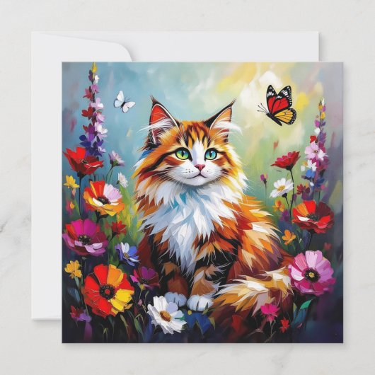 Cute Whimsical Cat, Flowers and Butterflies Kaart (Voorkant)