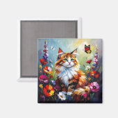 Cute Whimsical  Cat, Flowers and Butterflies Magneet (Voorkant / Achterkant)
