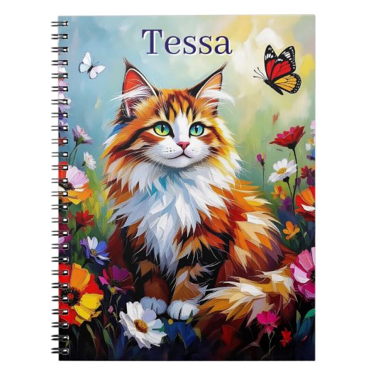 Cute Whimsical  Cat, Flowers and Butterflies Notitieboek (Voorkant)