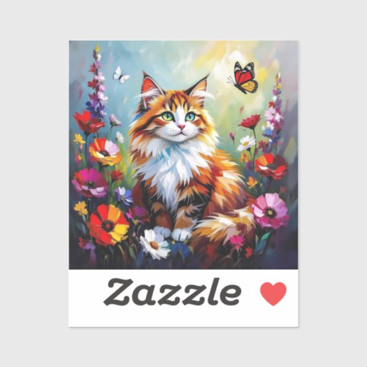 Cute Whimsical  Cat, Flowers and Butterflies Sticker (Vel)