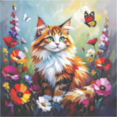 Cute Whimsical  Cat, Flowers and Butterflies Sticker (Voorkant)