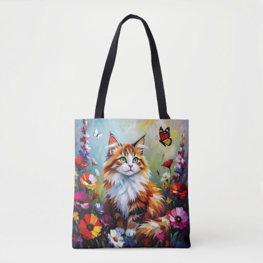 Cute Whimsical  Cat, Flowers and Butterflies Tote Bag (Voorkant)