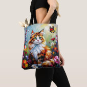 Cute Whimsical  Cat, Flowers and Butterflies Tote Bag (Dichtbij)