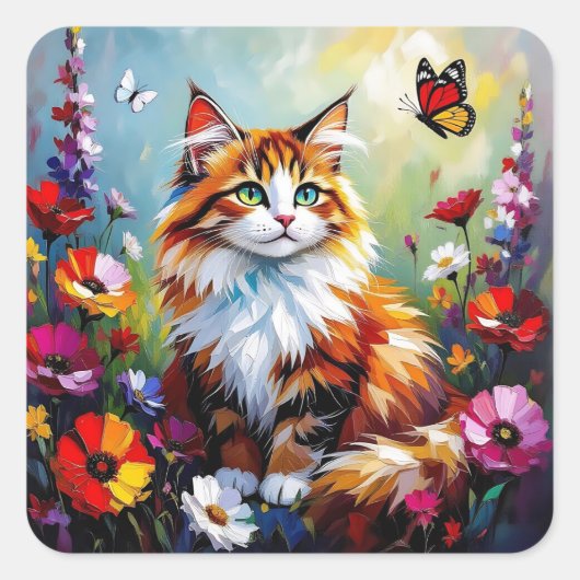Cute Whimsical  Cat, Flowers and Butterflies Vierkante Sticker (Voorkant)