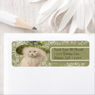 Cute Whimsical  Cat Green Pet Stippen & Hearts Etiket
