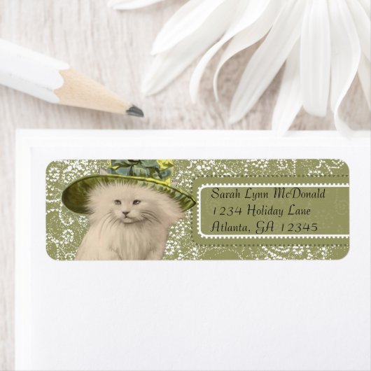 Cute Whimsical  Cat Green Pet Stippen & Hearts Etiket (Insitu)