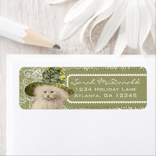 Cute Whimsical  Cat Green Pet Stippen & Hearts Etiket