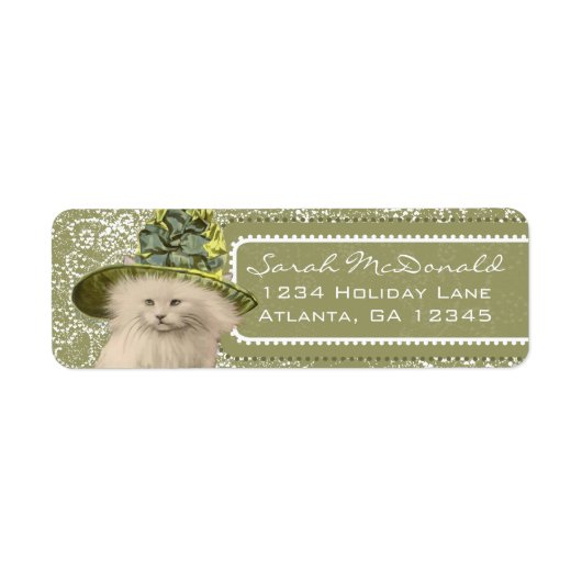 Cute Whimsical  Cat Green Pet Stippen & Hearts Etiket (Voorkant)