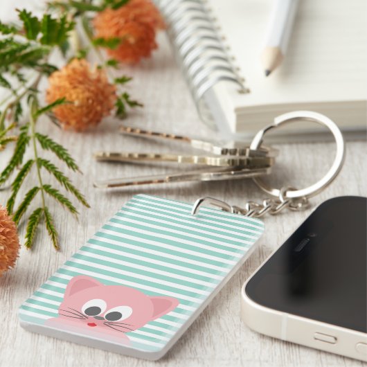 Cute Whimsical Cat on Stripes Sleutelhanger (Voorkant Rechts)