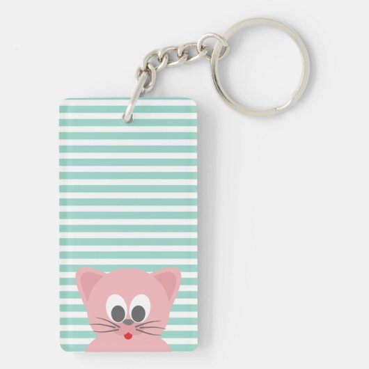 Cute Whimsical Cat on Stripes Sleutelhanger (achterkant)