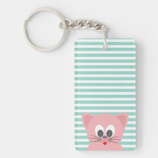 Cute Whimsical Cat on Stripes Sleutelhanger (Voorkant)