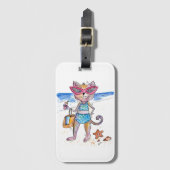 Cute Whimsical Cat op de strand Bagagelabel (Voorkant (verticaal))