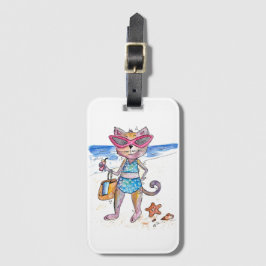 Cute Whimsical Cat op de strand Bagagelabel