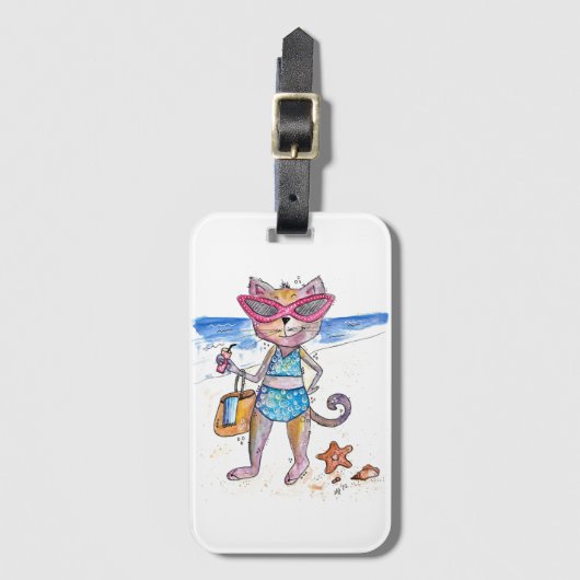 Cute Whimsical Cat op de strand Bagagelabel (Voorkant (verticaal))