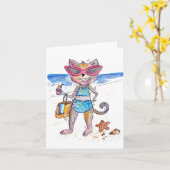 Cute Whimsical Cat op de strand Kaart (Gele Bloem)