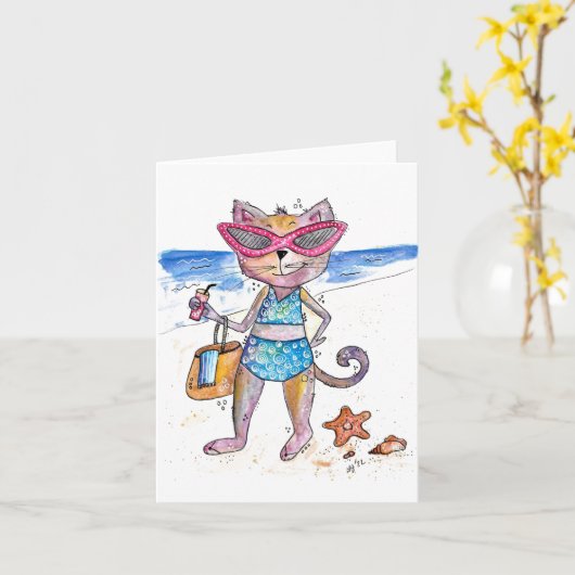 Cute Whimsical Cat op de strand Kaart (Gele Bloem)