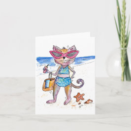 Cute Whimsical Cat op de strand Kaart