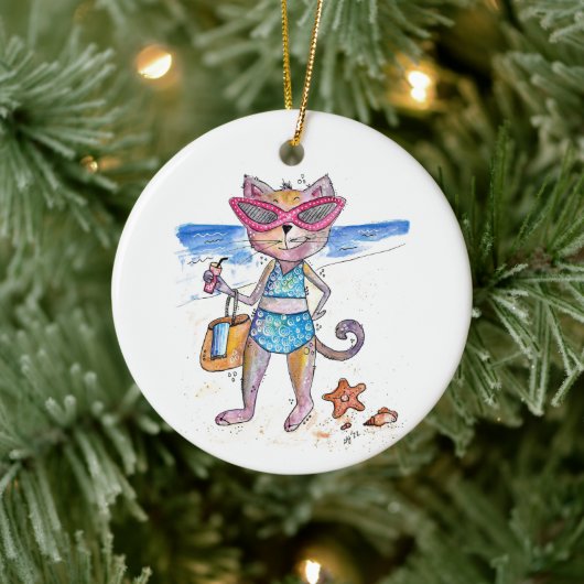 Cute Whimsical Cat op de strand Keramisch Ornament (Boom)