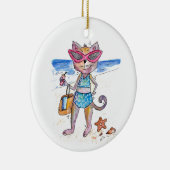 Cute Whimsical Cat op de strand Keramisch Ornament (Rechts)