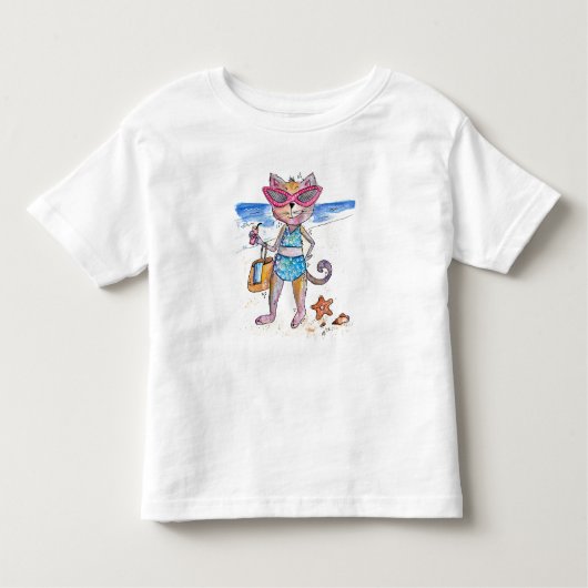 Cute Whimsical Cat op de strand Kinder Shirts (Voorkant)