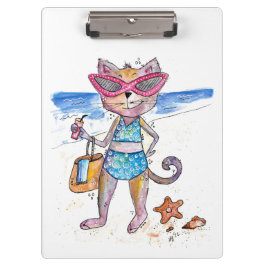 Cute Whimsical Cat op de strand Klembord
