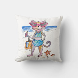 Cute Whimsical Cat op de strand Kussen