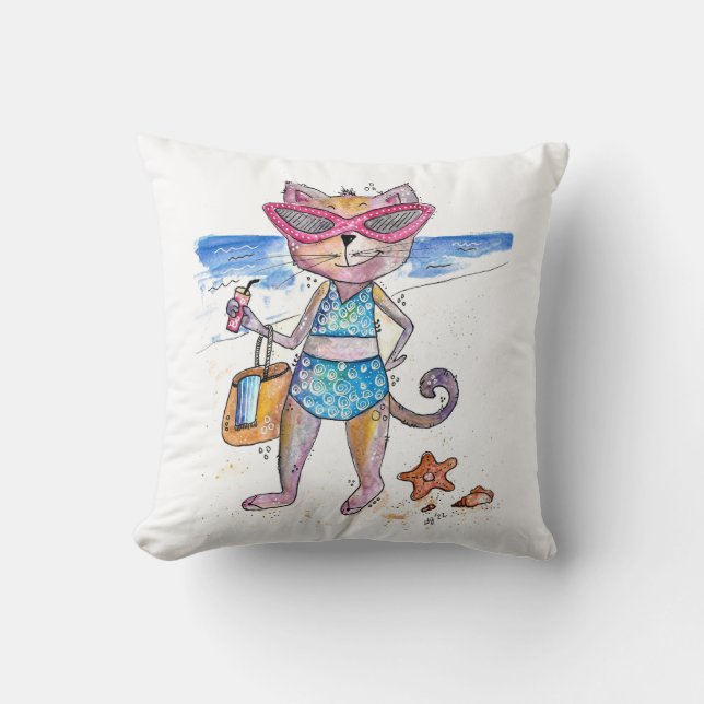Cute Whimsical Cat op de strand Kussen (Voorkant)