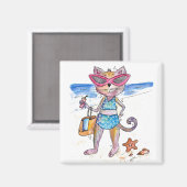 Cute Whimsical Cat op de strand Magneet (Voorkant / Achterkant)