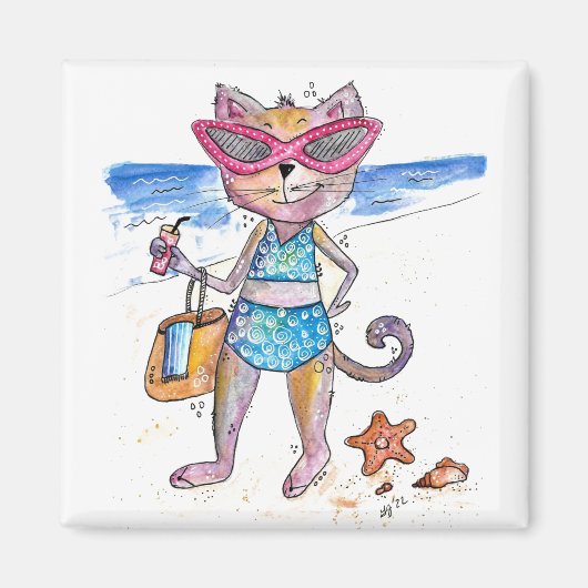 Cute Whimsical Cat op de strand Magneet (Voorkant)