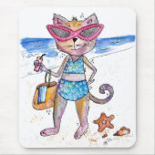 Cute Whimsical Cat op de strand Muismat (Voorkant)
