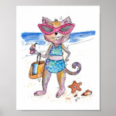 Cute Whimsical Cat op de strand Poster (Voorkant)